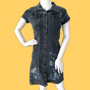 Speechless Y2K Denim Button-Up Jean Dress Embroidered Butterflies Junior Small